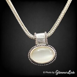 Silver Tone White Cat Eye Pendant Necklace Wheat Chain Signed KC